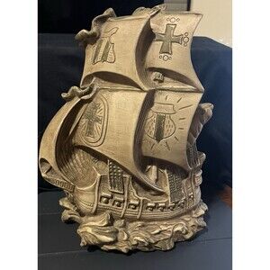 Vintage 1964 Universal Statuary Corp Galleon Ship Bookend Nautical Brown